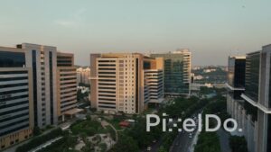 PD1395 - Aerial View of Modern Corporate Business District at Sunset