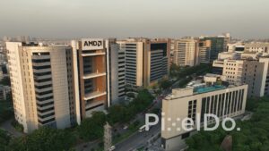 PD1393 - Exterior View of AMD Corporate Office and Business District Street