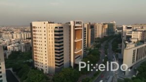 PD1392 - Exterior View of AMD Corporate Office Building at Sunset