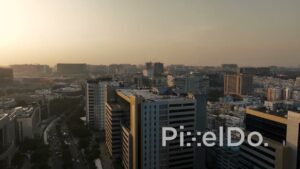 PD1386 - Aerial View of Modern Business District Skyline at Sunset