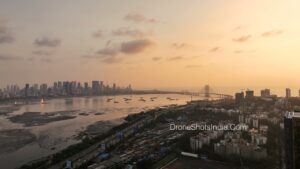 PD1257 - Aerial Window View of Sunset Over Bandra Worli Sea Link and City Skyline