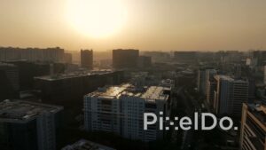 PD1381 - Aerial View of Corporate Skyline at Sunset with Sun Flare