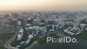 PD1424 - Aerial View of Durgam Cheruvu Cable Bridge and Corporate Cityscape