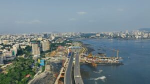 PD1238 - Aerial Wide View of Bandra Worli Sea Link Toll Plaza and Coastal Construction